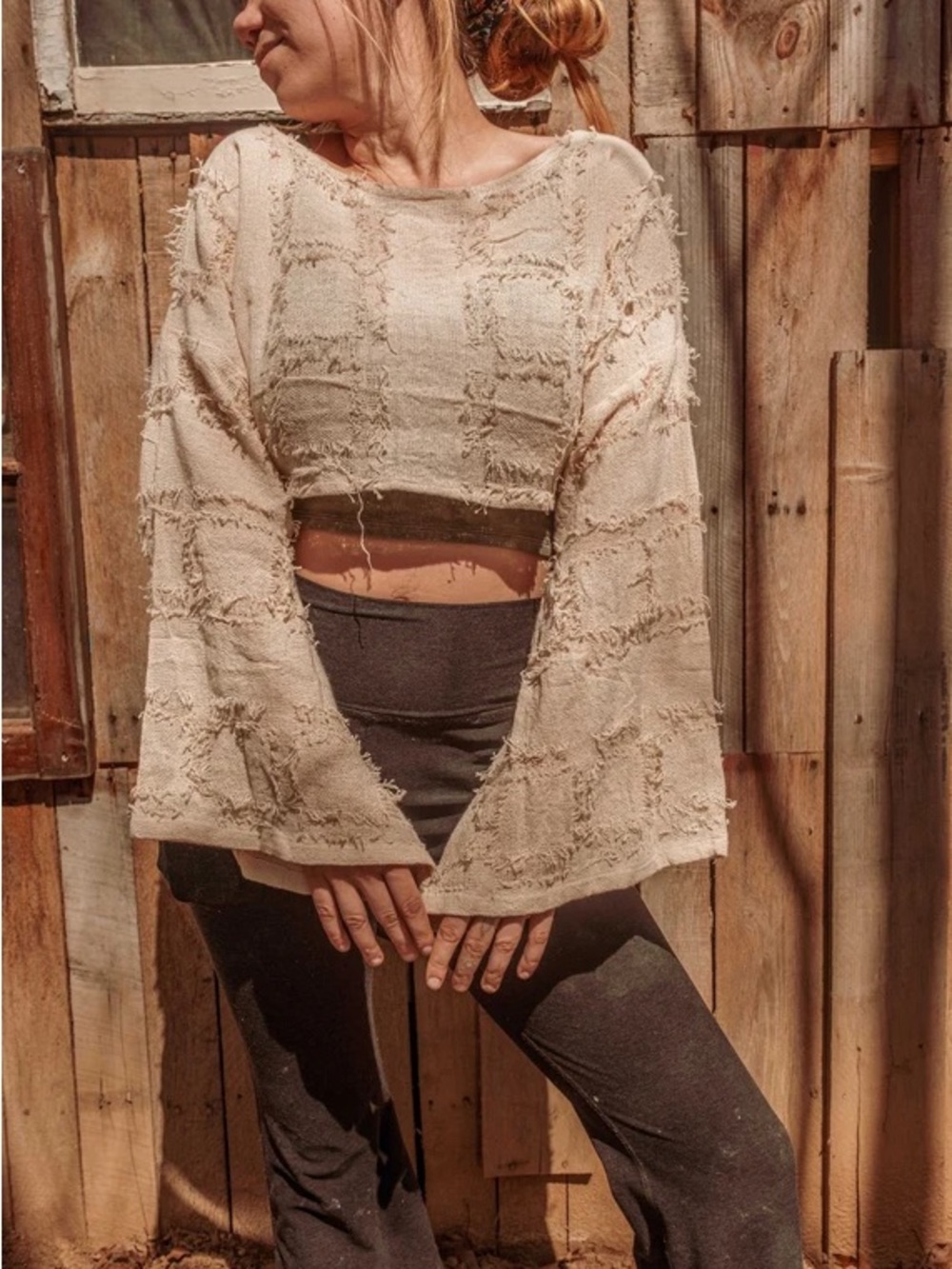 Gardenbelle bell sleeve Boho Fringe Crop Top in Cream 100% cotton